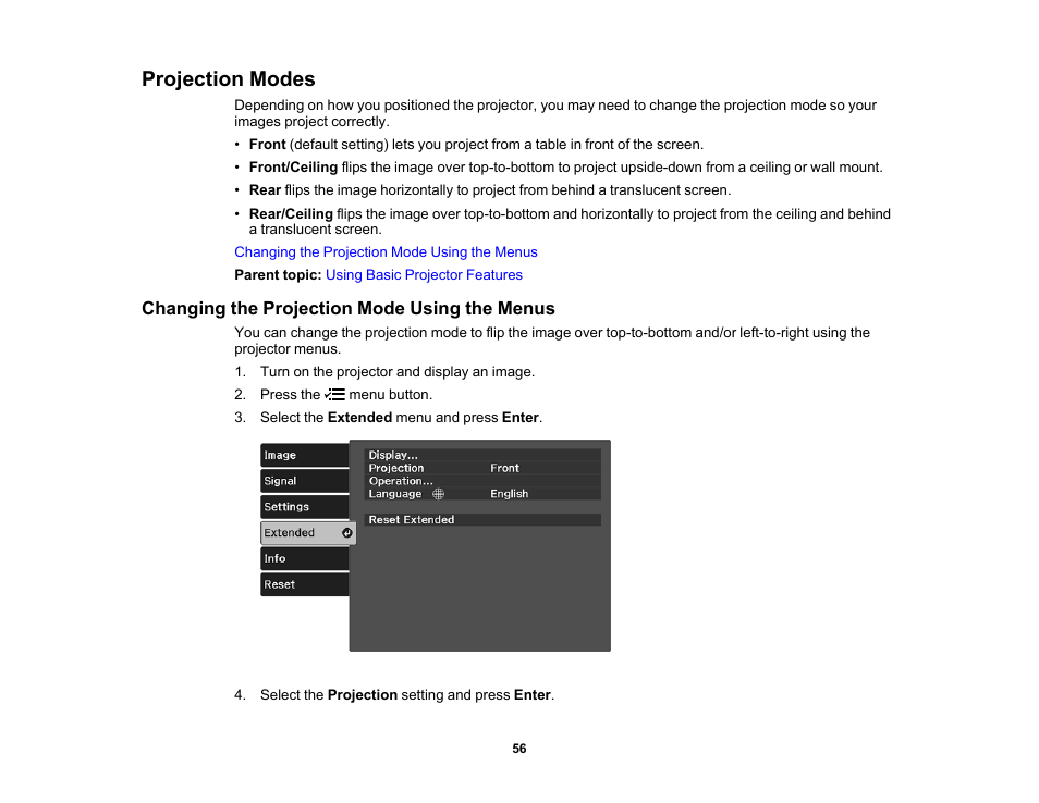 Projection modes, Changing the projection mode using the menus | Epson Home Cinema 2350 2800-Lumen Pixel-Shift 4K UHD 3LCD Smart Gaming Projector User Manual | Page 56 / 149