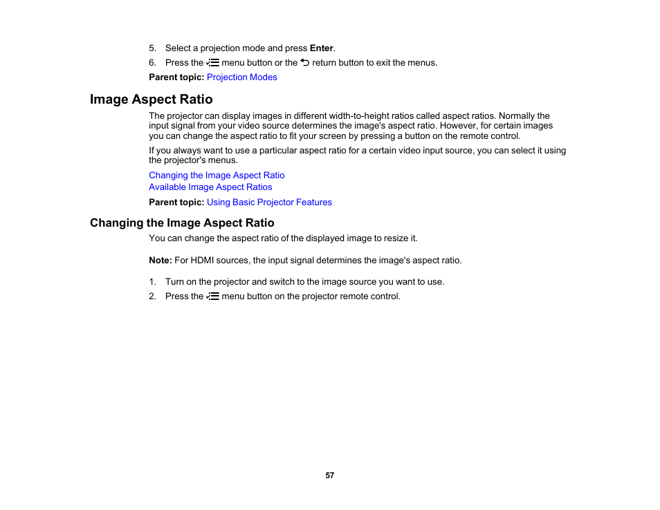 Image aspect ratio, Changing the image aspect ratio | Epson Home Cinema 2350 2800-Lumen Pixel-Shift 4K UHD 3LCD Smart Gaming Projector User Manual | Page 57 / 149