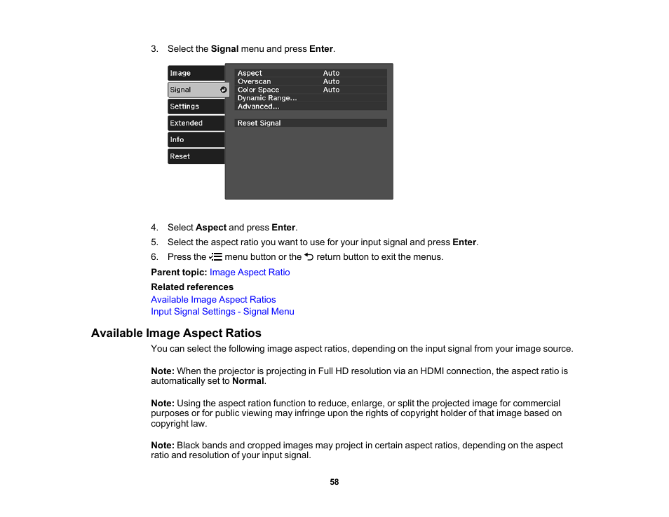 Available image aspect ratios | Epson Home Cinema 2350 2800-Lumen Pixel-Shift 4K UHD 3LCD Smart Gaming Projector User Manual | Page 58 / 149