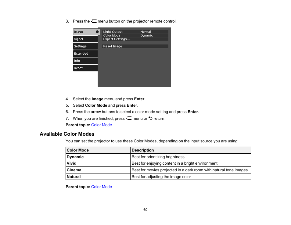 Available color modes | Epson Home Cinema 2350 2800-Lumen Pixel-Shift 4K UHD 3LCD Smart Gaming Projector User Manual | Page 60 / 149