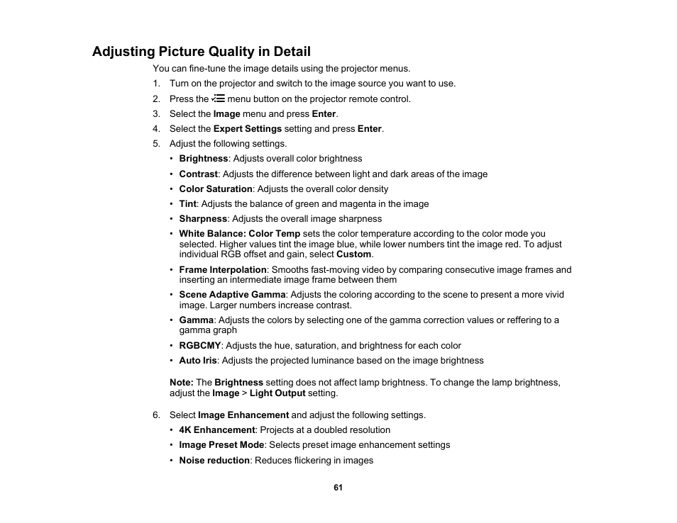 Adjusting picture quality in detail | Epson Home Cinema 2350 2800-Lumen Pixel-Shift 4K UHD 3LCD Smart Gaming Projector User Manual | Page 61 / 149
