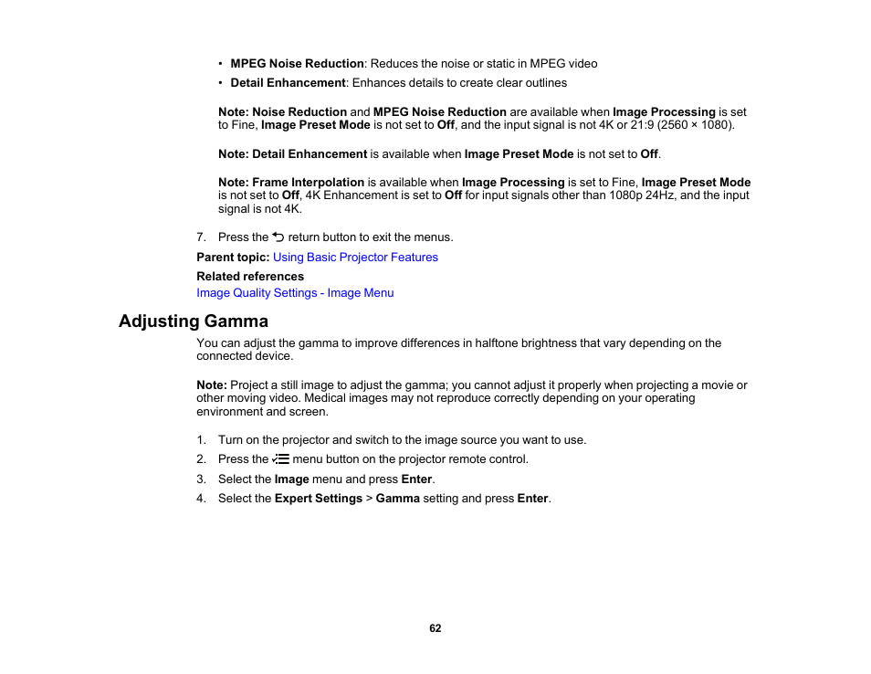 Adjusting gamma | Epson Home Cinema 2350 2800-Lumen Pixel-Shift 4K UHD 3LCD Smart Gaming Projector User Manual | Page 62 / 149
