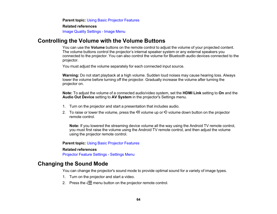 Controlling the volume with the volume buttons, Changing the sound mode | Epson Home Cinema 2350 2800-Lumen Pixel-Shift 4K UHD 3LCD Smart Gaming Projector User Manual | Page 64 / 149