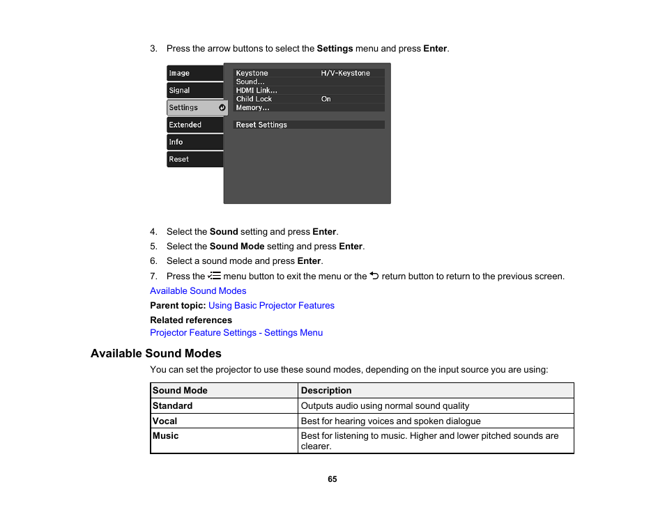 Available sound modes | Epson Home Cinema 2350 2800-Lumen Pixel-Shift 4K UHD 3LCD Smart Gaming Projector User Manual | Page 65 / 149