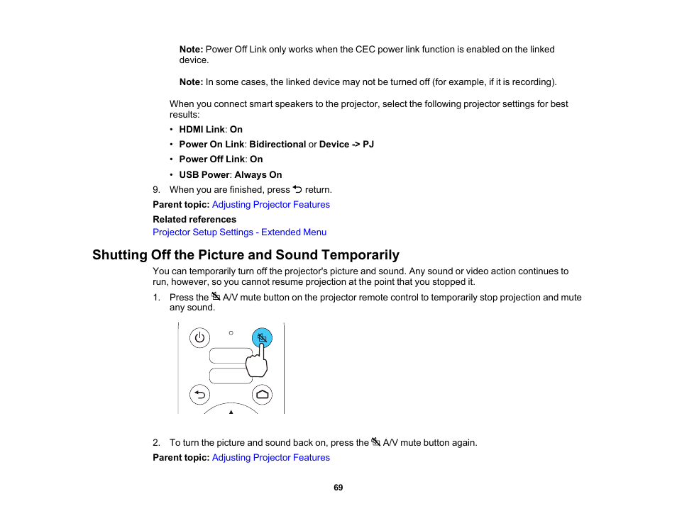 Shutting off the picture and sound temporarily | Epson Home Cinema 2350 2800-Lumen Pixel-Shift 4K UHD 3LCD Smart Gaming Projector User Manual | Page 69 / 149