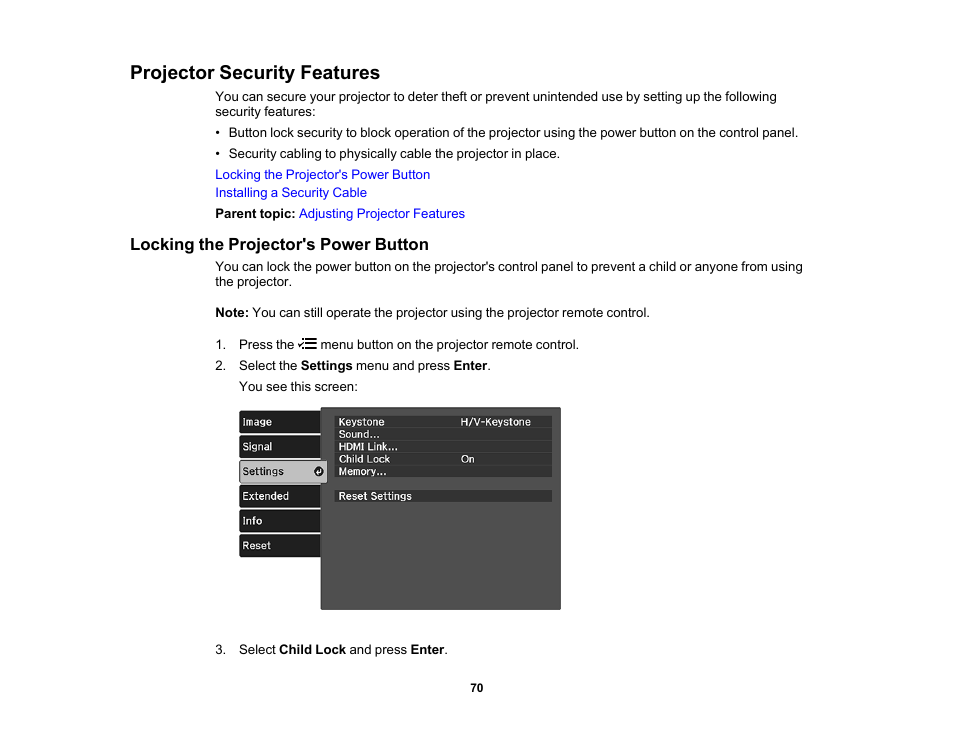 Projector security features, Locking the projector's power button | Epson Home Cinema 2350 2800-Lumen Pixel-Shift 4K UHD 3LCD Smart Gaming Projector User Manual | Page 70 / 149