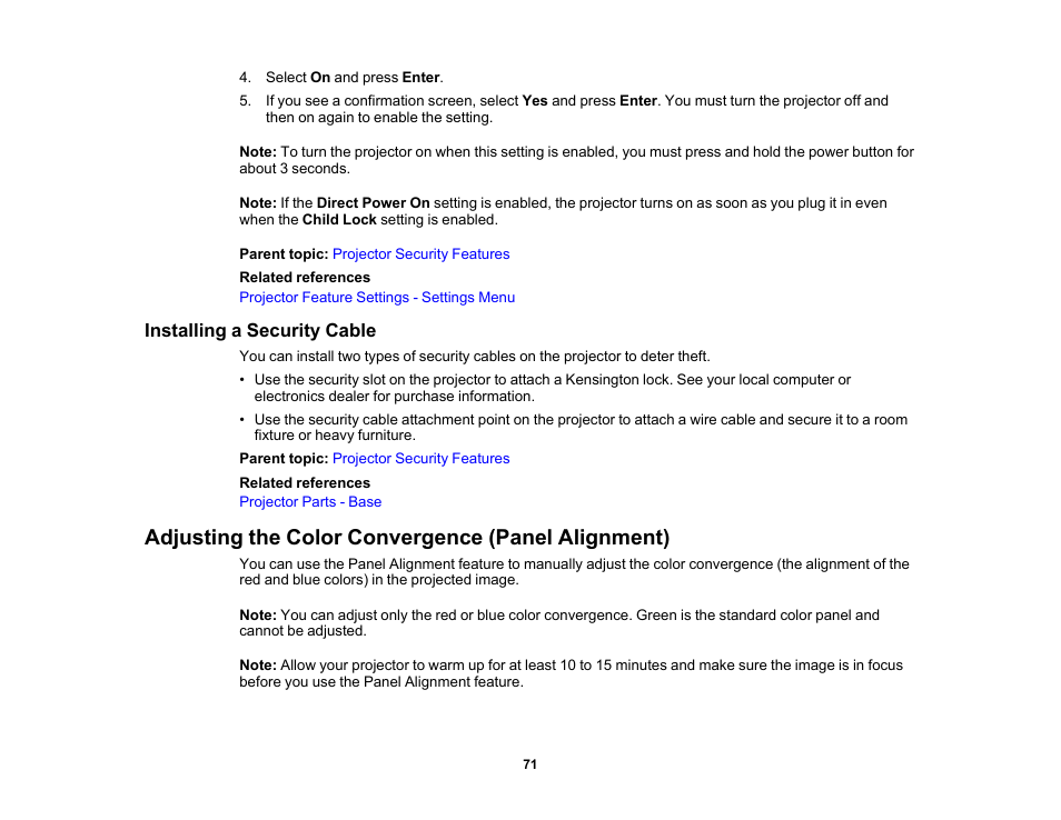 Installing a security cable, Adjusting the color convergence (panel alignment) | Epson Home Cinema 2350 2800-Lumen Pixel-Shift 4K UHD 3LCD Smart Gaming Projector User Manual | Page 71 / 149