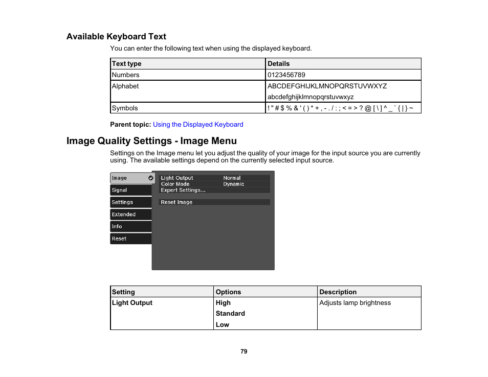 Available keyboard text, Image quality settings - image menu | Epson Home Cinema 2350 2800-Lumen Pixel-Shift 4K UHD 3LCD Smart Gaming Projector User Manual | Page 79 / 149