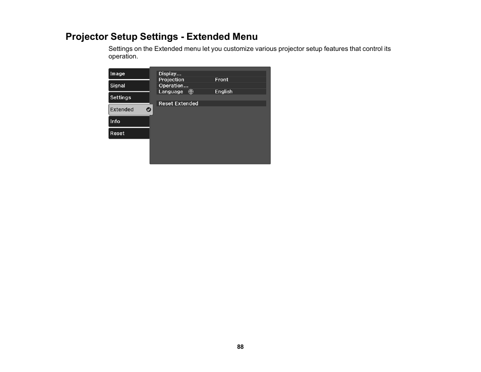 Projector setup settings - extended menu | Epson Home Cinema 2350 2800-Lumen Pixel-Shift 4K UHD 3LCD Smart Gaming Projector User Manual | Page 88 / 149