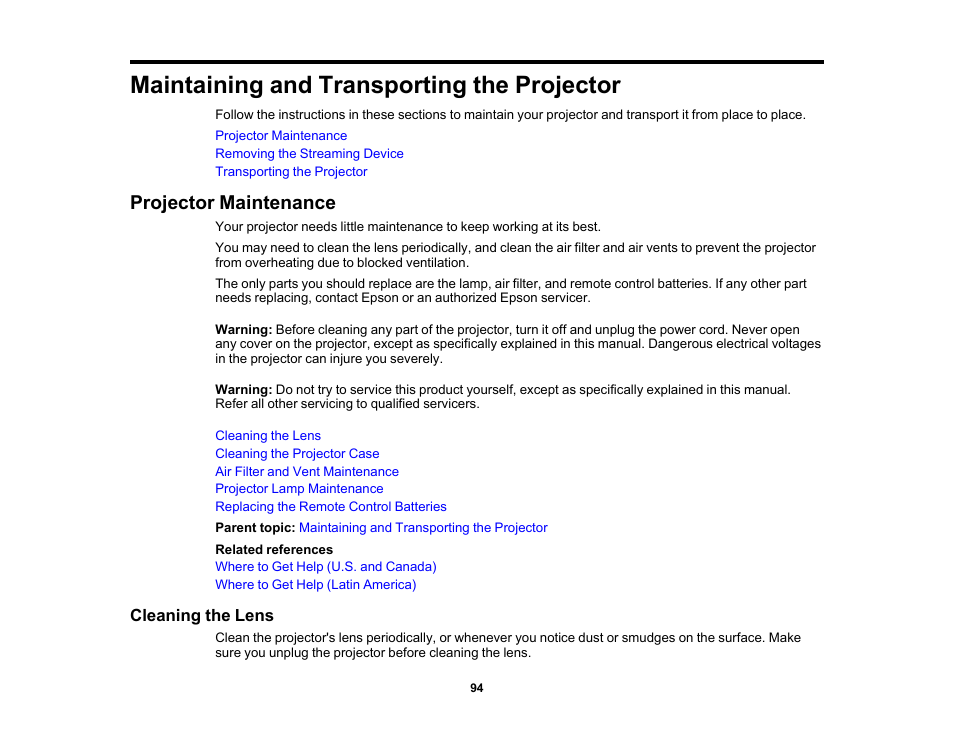 Maintaining and transporting the projector, Projector maintenance, Cleaning the lens | Epson Home Cinema 2350 2800-Lumen Pixel-Shift 4K UHD 3LCD Smart Gaming Projector User Manual | Page 94 / 149