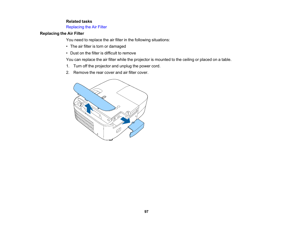 Replacing the air filter | Epson Home Cinema 2350 2800-Lumen Pixel-Shift 4K UHD 3LCD Smart Gaming Projector User Manual | Page 97 / 149