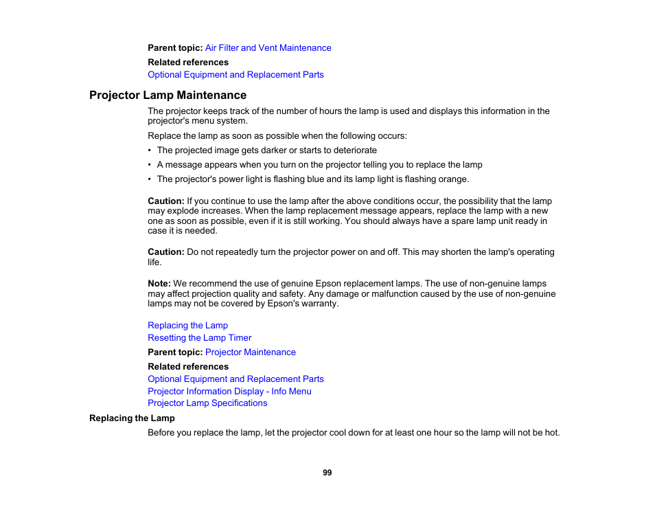 Projector lamp maintenance, Replacing the lamp | Epson Home Cinema 2350 2800-Lumen Pixel-Shift 4K UHD 3LCD Smart Gaming Projector User Manual | Page 99 / 149