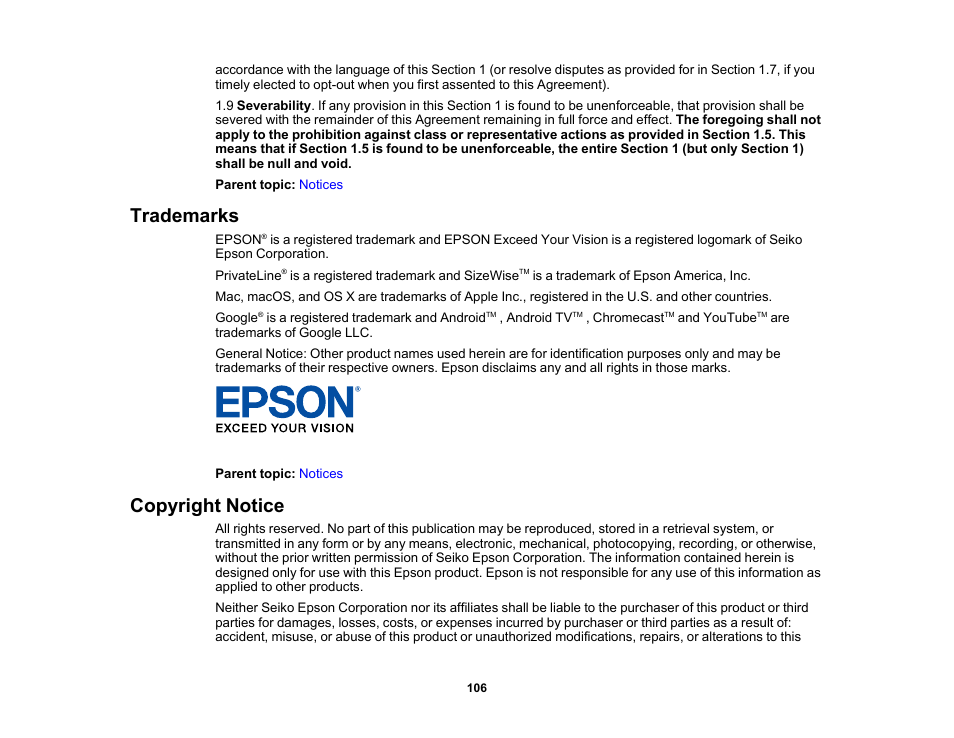 Trademarks, Copyright notice, Trademarks copyright notice | Epson EpiqVision Ultra LS300 3600-Lumen Full HD Ultra-Short Throw Smart Laser 3LCD Projector (Black) User Manual | Page 106 / 107