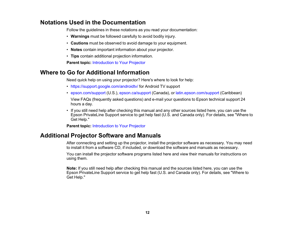Notations used in the documentation, Where to go for additional information, Additional projector software and manuals | Epson EpiqVision Ultra LS300 3600-Lumen Full HD Ultra-Short Throw Smart Laser 3LCD Projector (Black) User Manual | Page 12 / 107