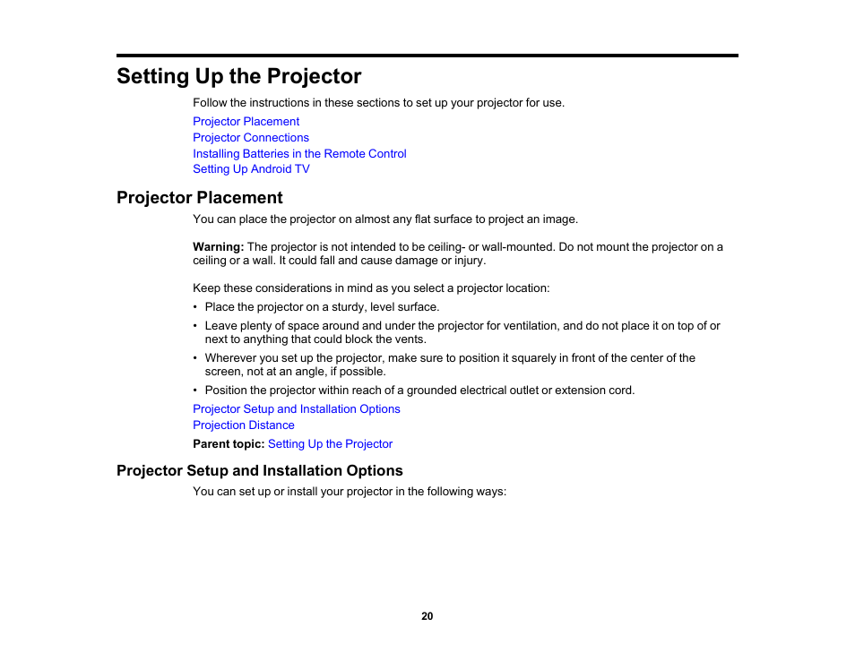 Setting up the projector, Projector placement, Projector setup and installation options | Epson EpiqVision Ultra LS300 3600-Lumen Full HD Ultra-Short Throw Smart Laser 3LCD Projector (Black) User Manual | Page 20 / 107