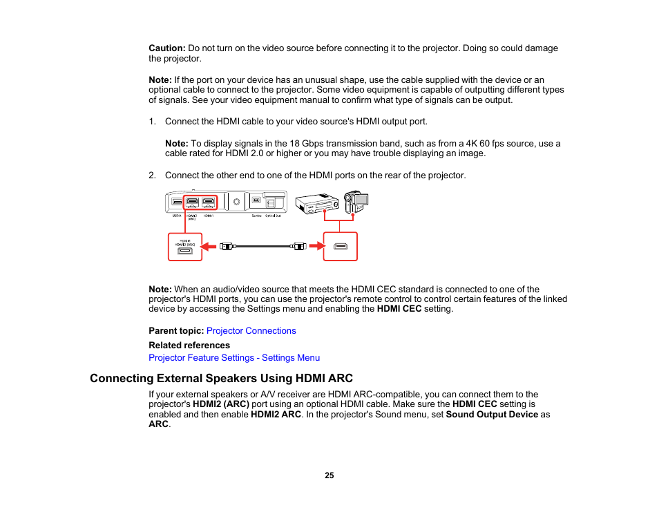Connecting external speakers using hdmi arc | Epson EpiqVision Ultra LS300 3600-Lumen Full HD Ultra-Short Throw Smart Laser 3LCD Projector (Black) User Manual | Page 25 / 107