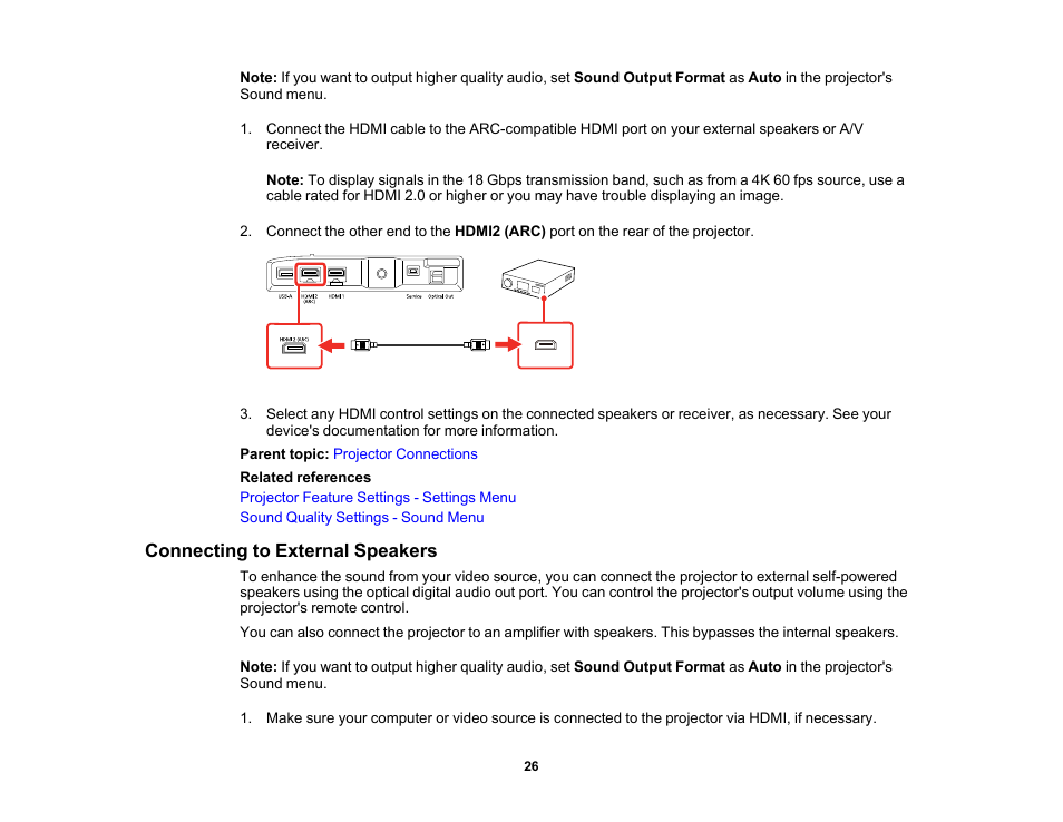 Connecting to external speakers | Epson EpiqVision Ultra LS300 3600-Lumen Full HD Ultra-Short Throw Smart Laser 3LCD Projector (Black) User Manual | Page 26 / 107