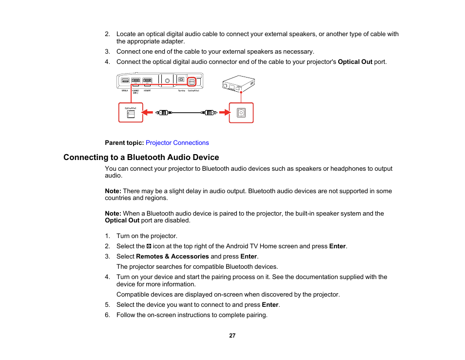 Connecting to a bluetooth audio device | Epson EpiqVision Ultra LS300 3600-Lumen Full HD Ultra-Short Throw Smart Laser 3LCD Projector (Black) User Manual | Page 27 / 107
