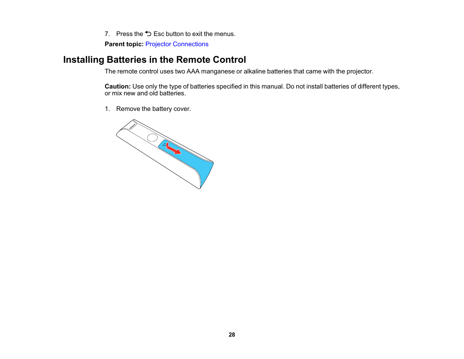 Installing batteries in the remote control | Epson EpiqVision Ultra LS300 3600-Lumen Full HD Ultra-Short Throw Smart Laser 3LCD Projector (Black) User Manual | Page 28 / 107