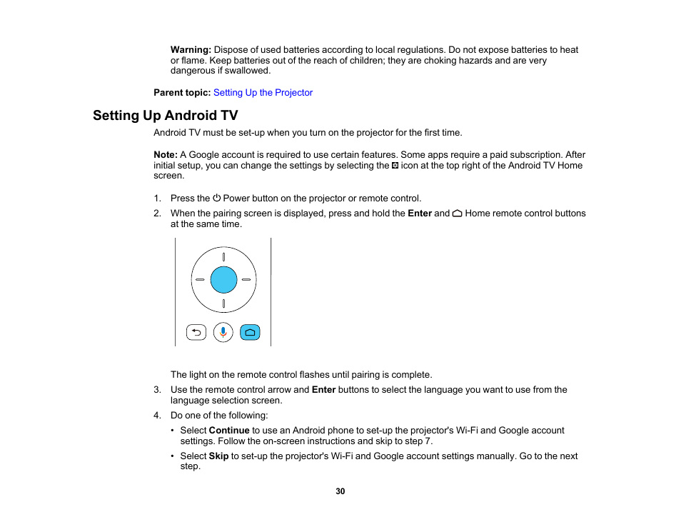 Setting up android tv | Epson EpiqVision Ultra LS300 3600-Lumen Full HD Ultra-Short Throw Smart Laser 3LCD Projector (Black) User Manual | Page 30 / 107