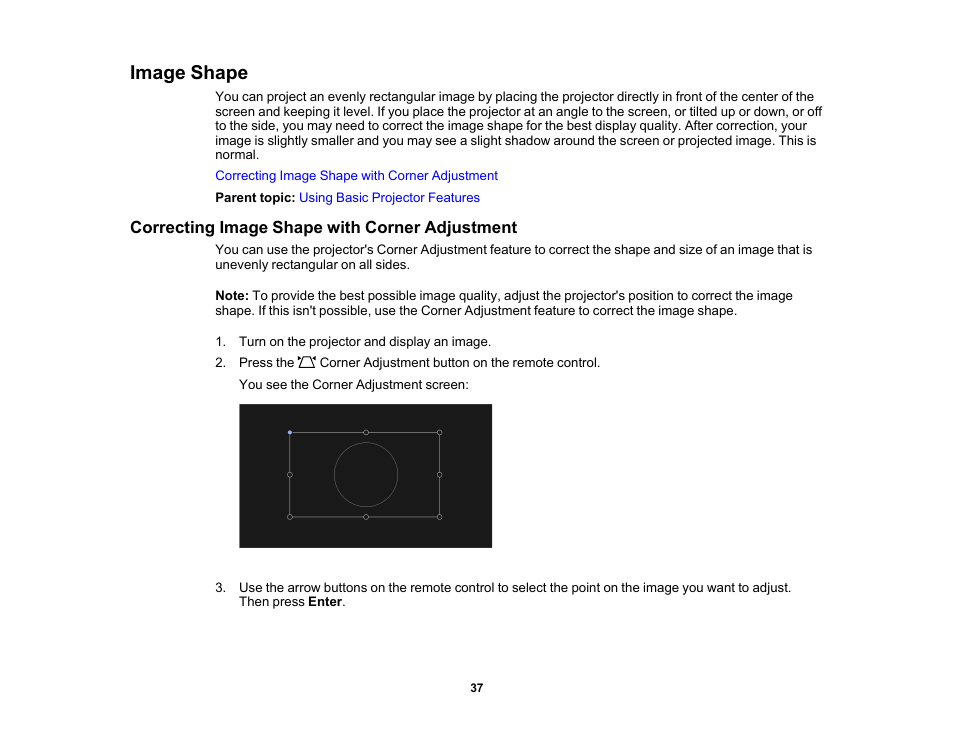 Image shape, Correcting image shape with corner adjustment | Epson EpiqVision Ultra LS300 3600-Lumen Full HD Ultra-Short Throw Smart Laser 3LCD Projector (Black) User Manual | Page 37 / 107