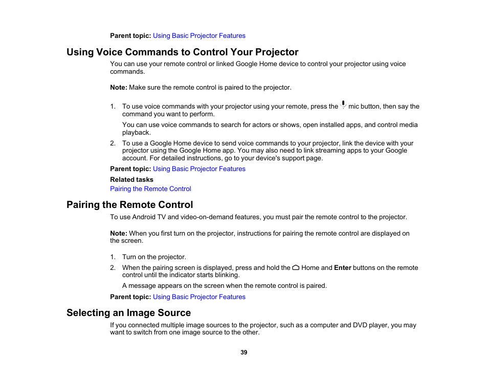 Using voice commands to control your projector, Pairing the remote control, Selecting an image source | Epson EpiqVision Ultra LS300 3600-Lumen Full HD Ultra-Short Throw Smart Laser 3LCD Projector (Black) User Manual | Page 39 / 107