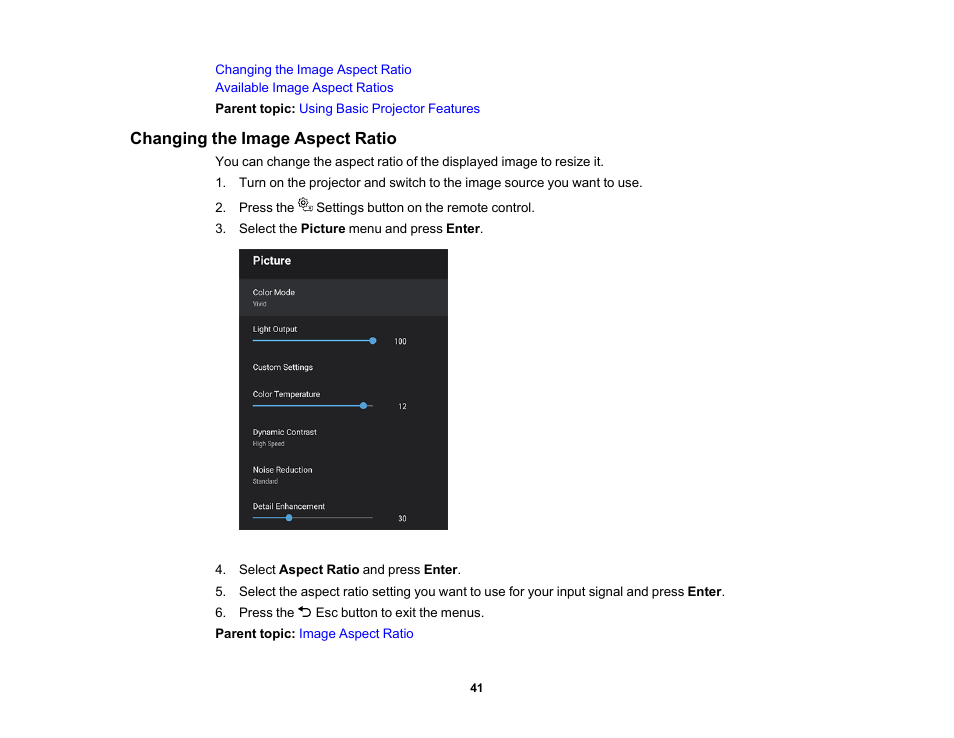 Changing the image aspect ratio | Epson EpiqVision Ultra LS300 3600-Lumen Full HD Ultra-Short Throw Smart Laser 3LCD Projector (Black) User Manual | Page 41 / 107