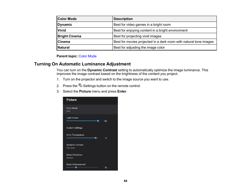 Turning on automatic luminance adjustment | Epson EpiqVision Ultra LS300 3600-Lumen Full HD Ultra-Short Throw Smart Laser 3LCD Projector (Black) User Manual | Page 44 / 107