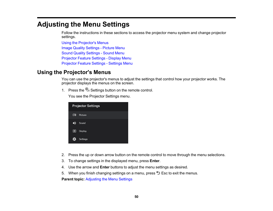 Adjusting the menu settings, Using the projector's menus | Epson EpiqVision Ultra LS300 3600-Lumen Full HD Ultra-Short Throw Smart Laser 3LCD Projector (Black) User Manual | Page 50 / 107
