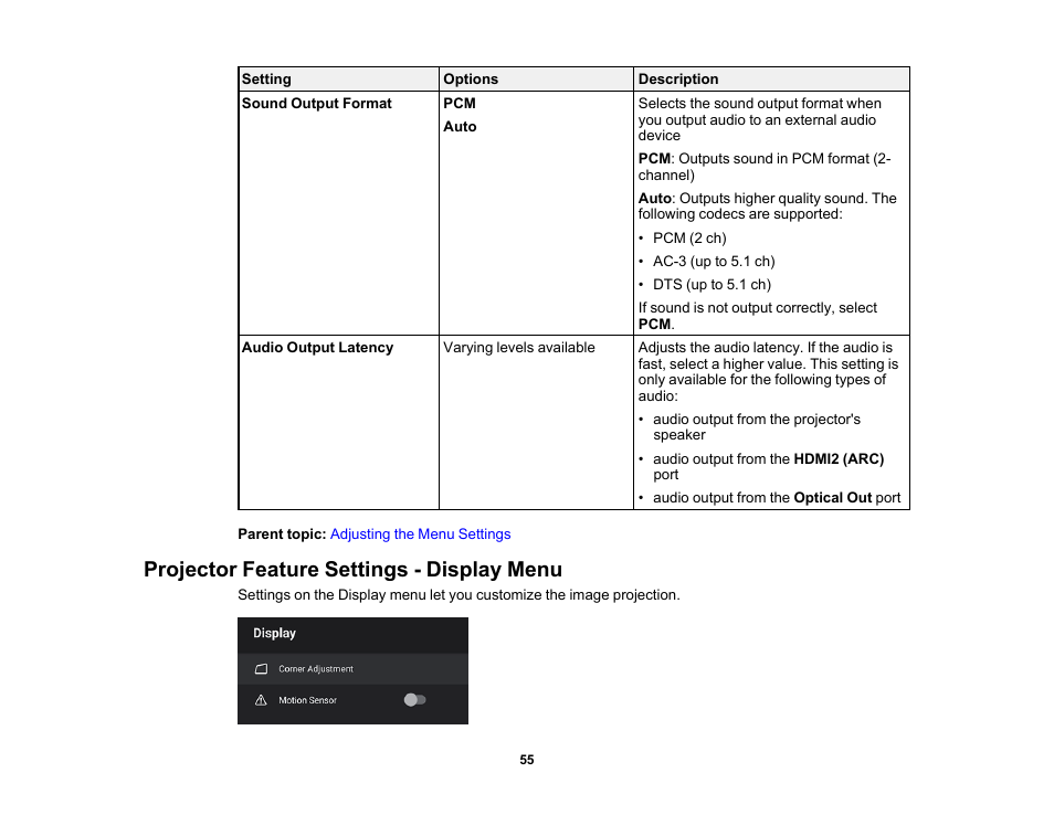 Projector feature settings - display menu | Epson EpiqVision Ultra LS300 3600-Lumen Full HD Ultra-Short Throw Smart Laser 3LCD Projector (Black) User Manual | Page 55 / 107