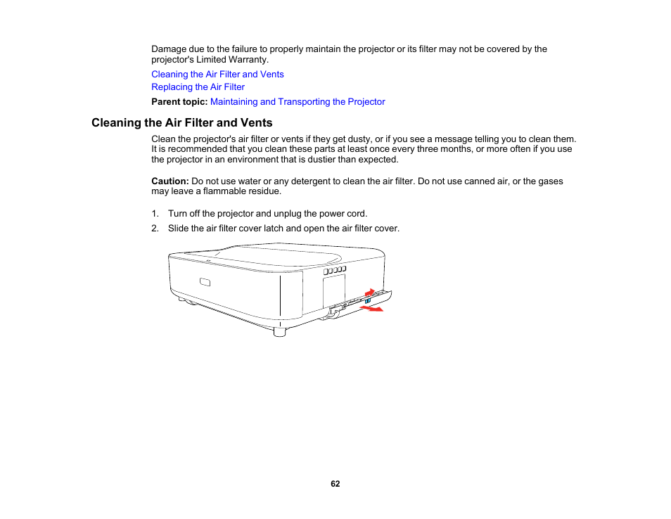 Cleaning the air filter and vents | Epson EpiqVision Ultra LS300 3600-Lumen Full HD Ultra-Short Throw Smart Laser 3LCD Projector (Black) User Manual | Page 62 / 107