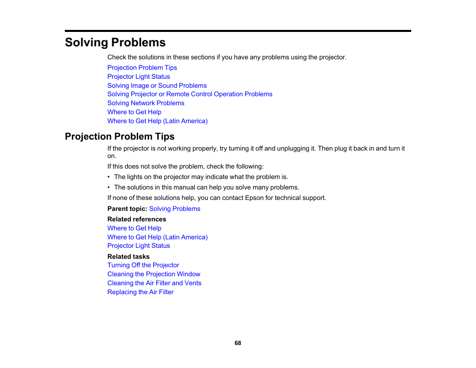 Solving problems, Projection problem tips | Epson EpiqVision Ultra LS300 3600-Lumen Full HD Ultra-Short Throw Smart Laser 3LCD Projector (Black) User Manual | Page 68 / 107