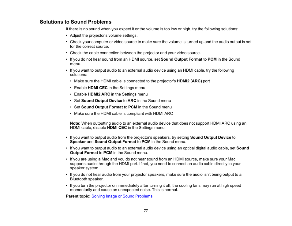Solutions to sound problems | Epson EpiqVision Ultra LS300 3600-Lumen Full HD Ultra-Short Throw Smart Laser 3LCD Projector (Black) User Manual | Page 77 / 107