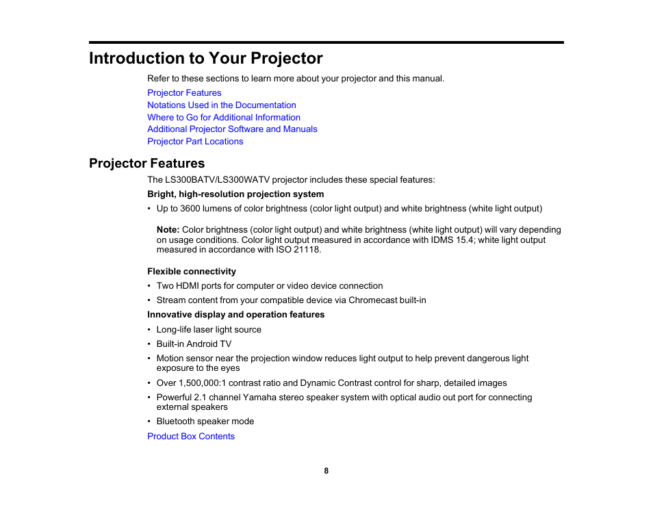 Introduction to your projector, Projector features | Epson EpiqVision Ultra LS300 3600-Lumen Full HD Ultra-Short Throw Smart Laser 3LCD Projector (Black) User Manual | Page 8 / 107