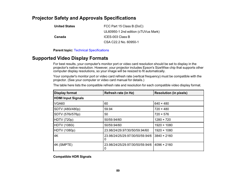 Projector safety and approvals specifications, Supported video display formats | Epson EpiqVision Ultra LS300 3600-Lumen Full HD Ultra-Short Throw Smart Laser 3LCD Projector (Black) User Manual | Page 89 / 107