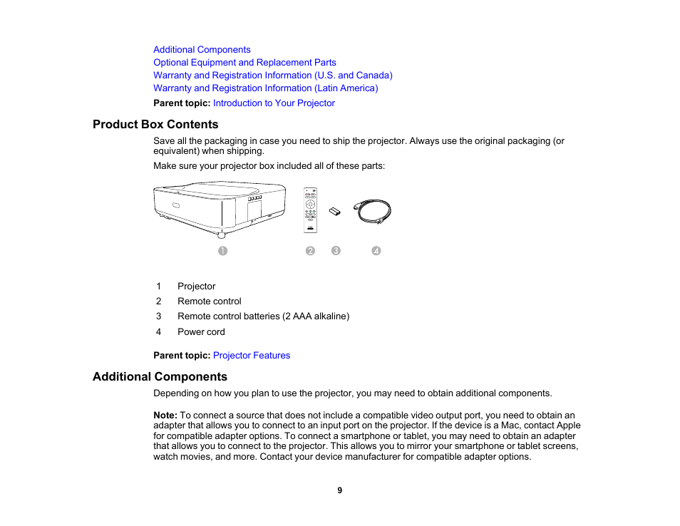 Product box contents, Additional components, Product box contents additional components | Epson EpiqVision Ultra LS300 3600-Lumen Full HD Ultra-Short Throw Smart Laser 3LCD Projector (Black) User Manual | Page 9 / 107