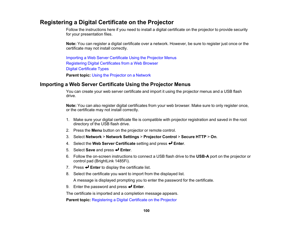 Registering a digital certificate on the projector | Epson BrightLink 1485Fi 5000-Lumen Pixel-Shift Full HD Ultra-Short Throw 3LCD Interactive Laser Projector User Manual | Page 100 / 395