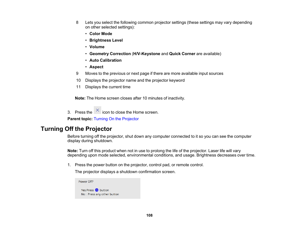 Turning off the projector | Epson BrightLink 1485Fi 5000-Lumen Pixel-Shift Full HD Ultra-Short Throw 3LCD Interactive Laser Projector User Manual | Page 108 / 395