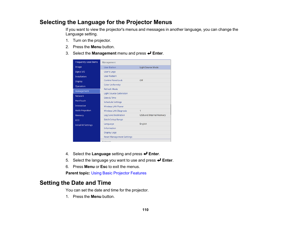 Selecting the language for the projector menus, Setting the date and time | Epson BrightLink 1485Fi 5000-Lumen Pixel-Shift Full HD Ultra-Short Throw 3LCD Interactive Laser Projector User Manual | Page 110 / 395