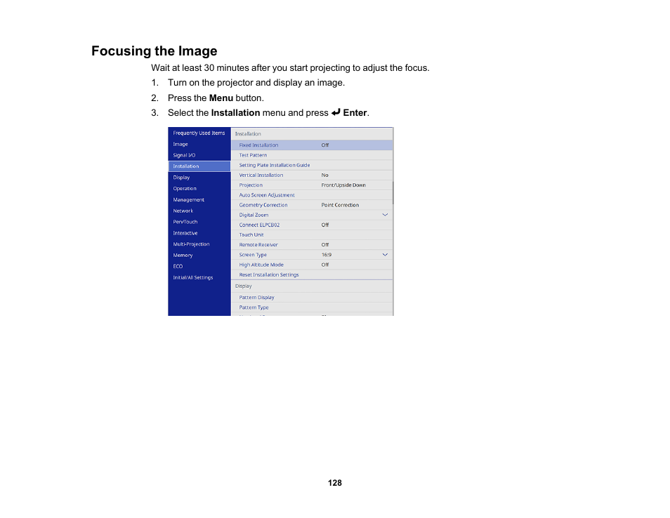 Focusing the image | Epson BrightLink 1485Fi 5000-Lumen Pixel-Shift Full HD Ultra-Short Throw 3LCD Interactive Laser Projector User Manual | Page 128 / 395