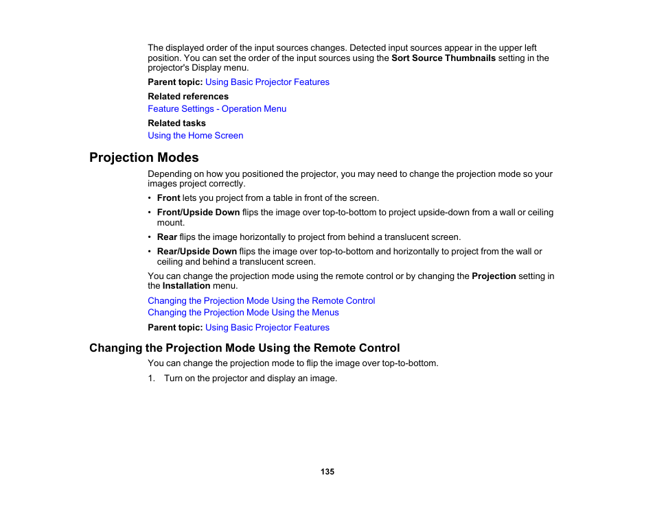 Projection modes | Epson BrightLink 1485Fi 5000-Lumen Pixel-Shift Full HD Ultra-Short Throw 3LCD Interactive Laser Projector User Manual | Page 135 / 395