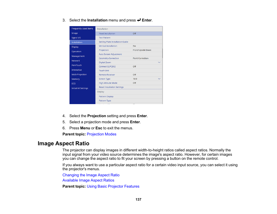 Image aspect ratio | Epson BrightLink 1485Fi 5000-Lumen Pixel-Shift Full HD Ultra-Short Throw 3LCD Interactive Laser Projector User Manual | Page 137 / 395