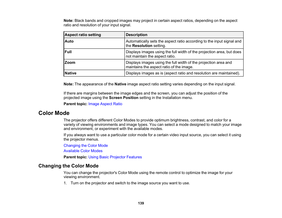 Color mode, Changing the color mode | Epson BrightLink 1485Fi 5000-Lumen Pixel-Shift Full HD Ultra-Short Throw 3LCD Interactive Laser Projector User Manual | Page 139 / 395