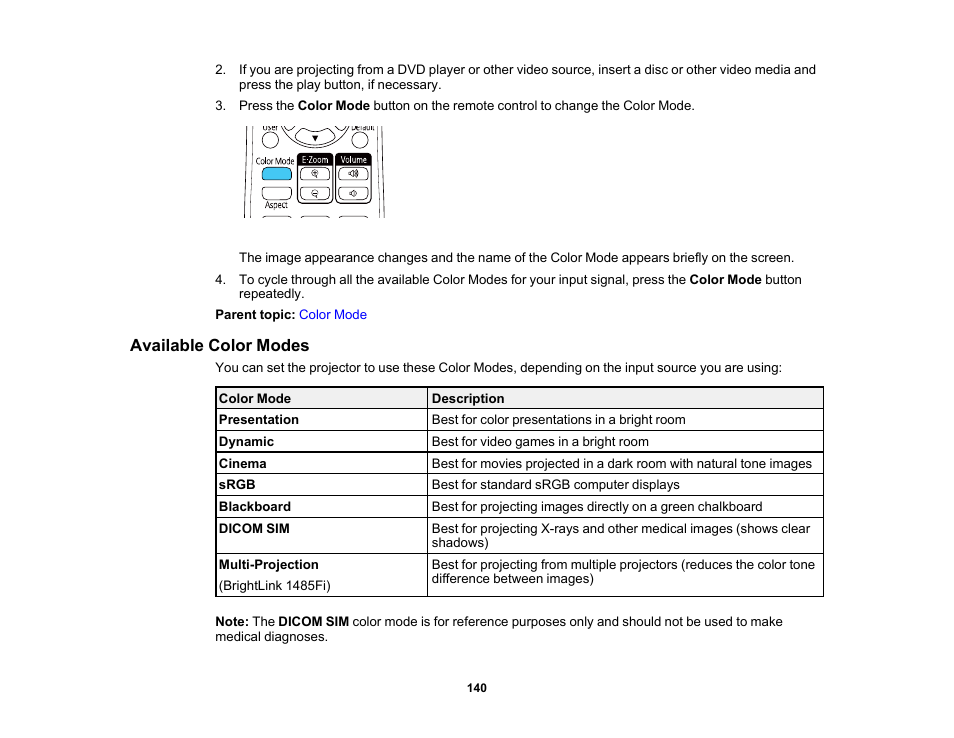 Available color modes | Epson BrightLink 1485Fi 5000-Lumen Pixel-Shift Full HD Ultra-Short Throw 3LCD Interactive Laser Projector User Manual | Page 140 / 395