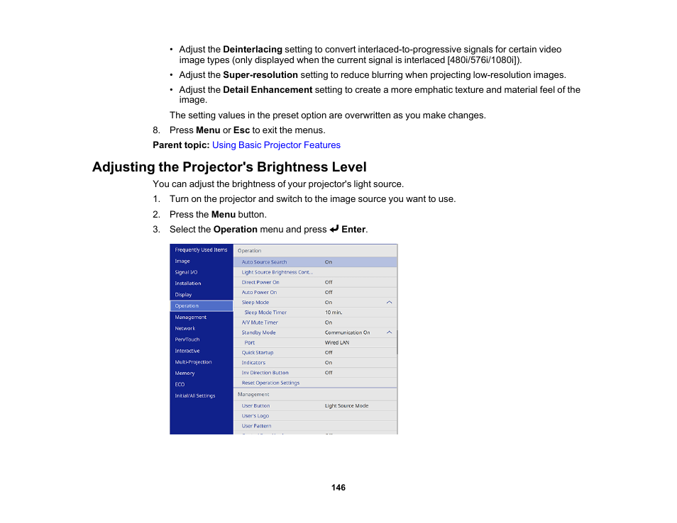 Adjusting the projector's brightness level | Epson BrightLink 1485Fi 5000-Lumen Pixel-Shift Full HD Ultra-Short Throw 3LCD Interactive Laser Projector User Manual | Page 146 / 395