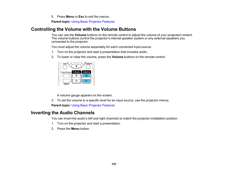 Controlling the volume with the volume buttons, Inverting the audio channels | Epson BrightLink 1485Fi 5000-Lumen Pixel-Shift Full HD Ultra-Short Throw 3LCD Interactive Laser Projector User Manual | Page 151 / 395