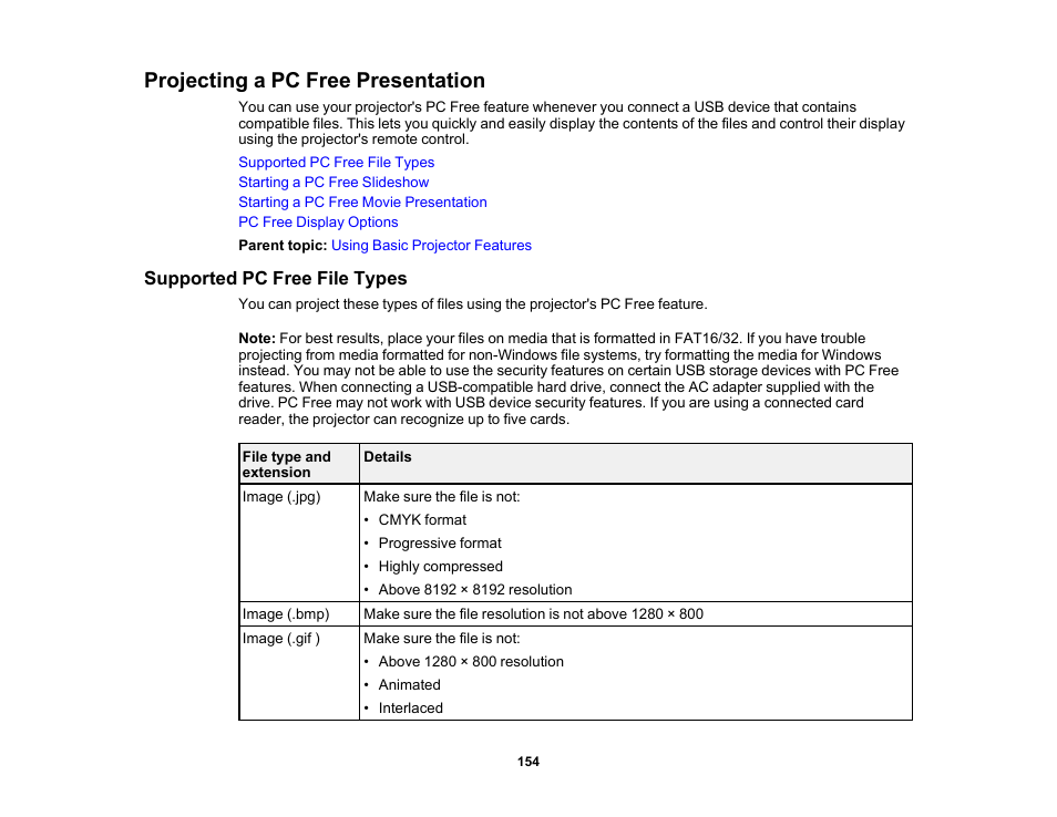 Projecting a pc free presentation, Supported pc free file types | Epson BrightLink 1485Fi 5000-Lumen Pixel-Shift Full HD Ultra-Short Throw 3LCD Interactive Laser Projector User Manual | Page 154 / 395