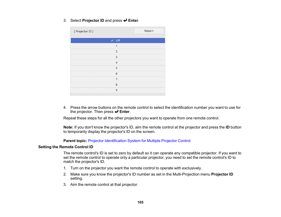 Setting the remote control id | Epson BrightLink 1485Fi 5000-Lumen Pixel-Shift Full HD Ultra-Short Throw 3LCD Interactive Laser Projector User Manual | Page 165 / 395