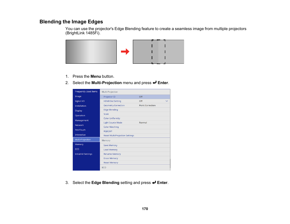 Blending the image edges | Epson BrightLink 1485Fi 5000-Lumen Pixel-Shift Full HD Ultra-Short Throw 3LCD Interactive Laser Projector User Manual | Page 170 / 395