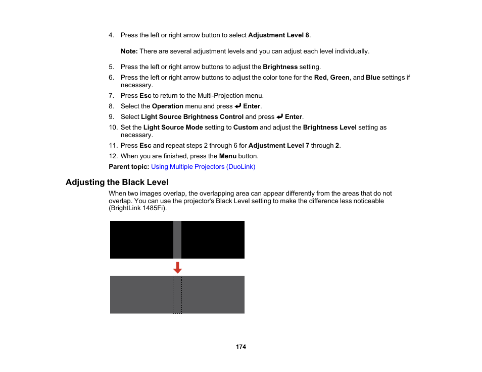 Adjusting the black level | Epson BrightLink 1485Fi 5000-Lumen Pixel-Shift Full HD Ultra-Short Throw 3LCD Interactive Laser Projector User Manual | Page 174 / 395